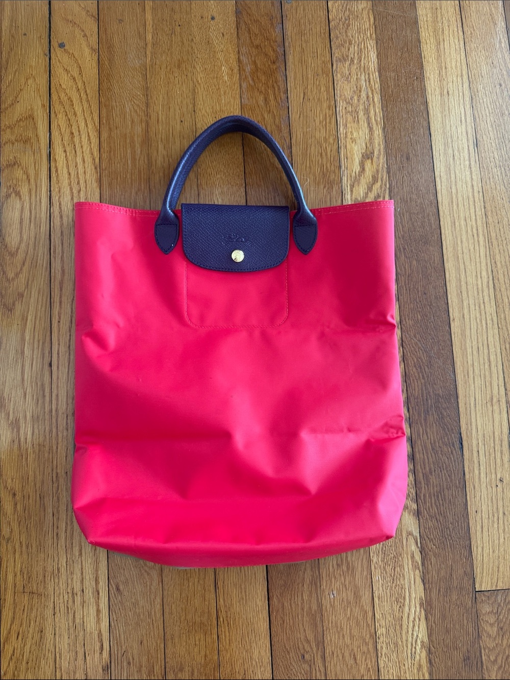 Longchamp Tan and Red Tote Bag with Purple Trim